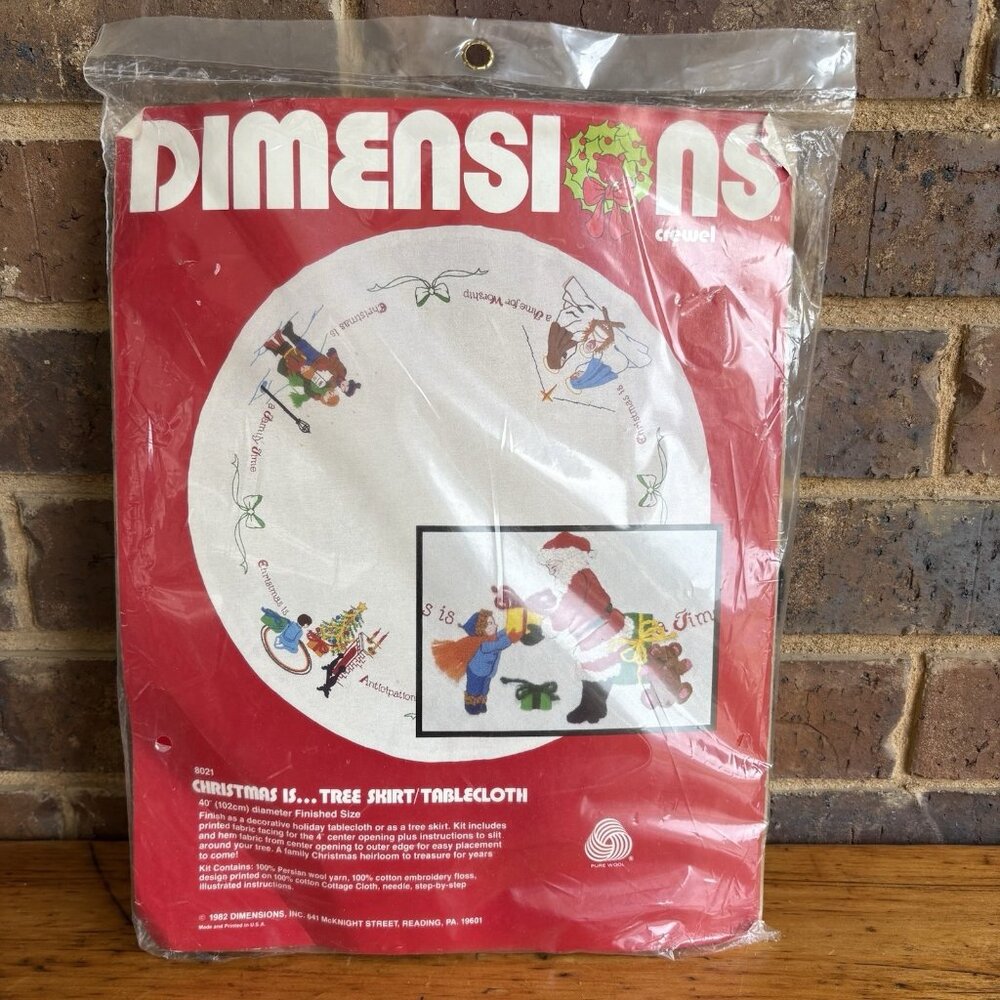 Dimensions Crewel "Christmas Is" Tree Skirt Tablecloth Kit ~ 1982 ~ HTF Opened